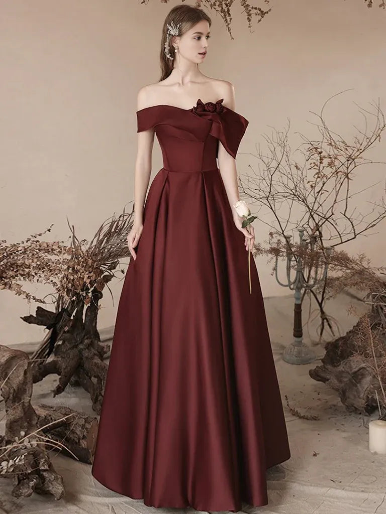 Wholesale A-Line Off Shoulder Satin Burgundy Long Prom Dress Burgundy Long Formal Dress gowns evening dresses